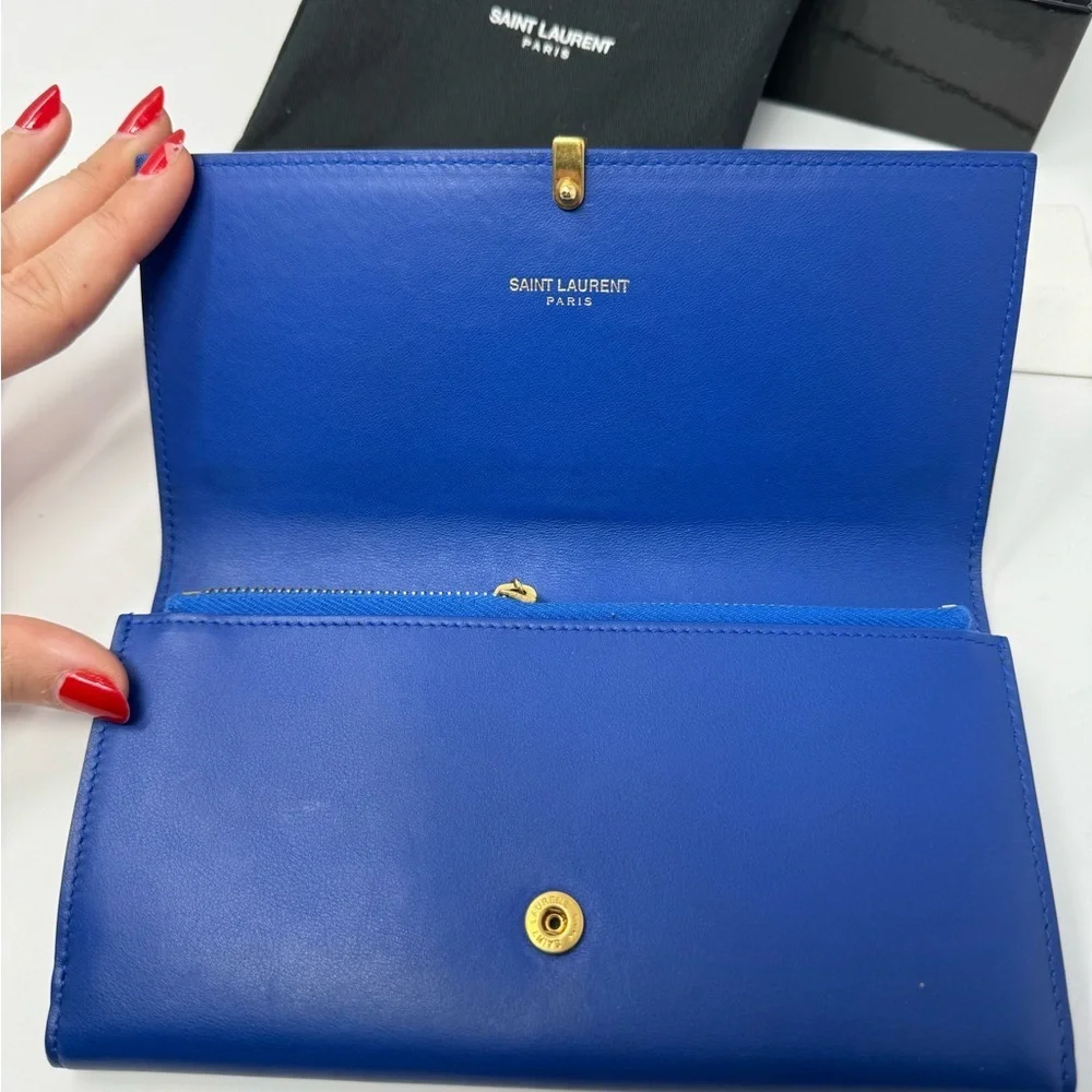 Saint Laurent Y-Chyc Authentic Royal Blue Leather Zip Wallet – Gold “Y” Hardware